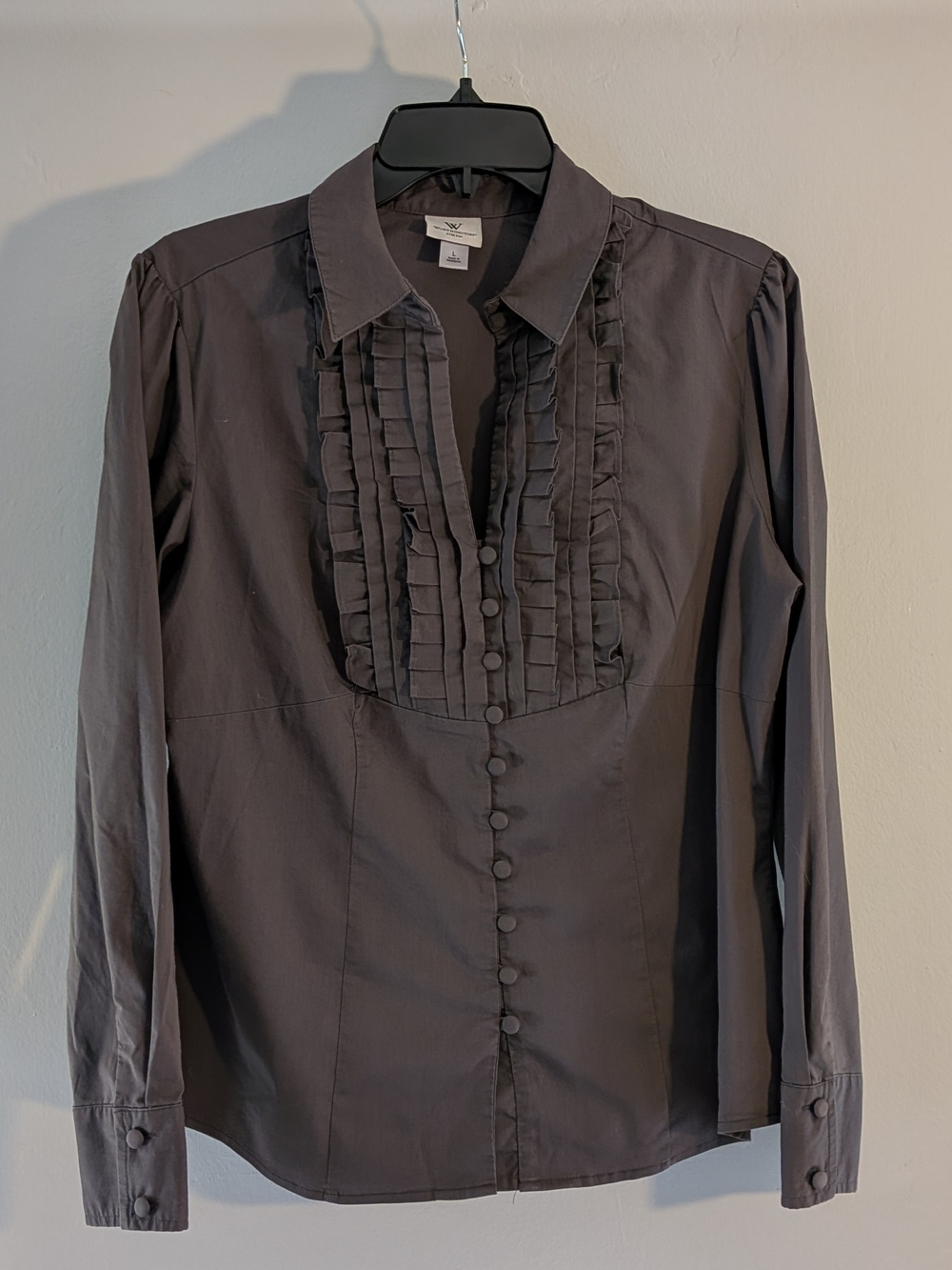 Tailored Ruffle Bib Button-Front Blouse in Gray